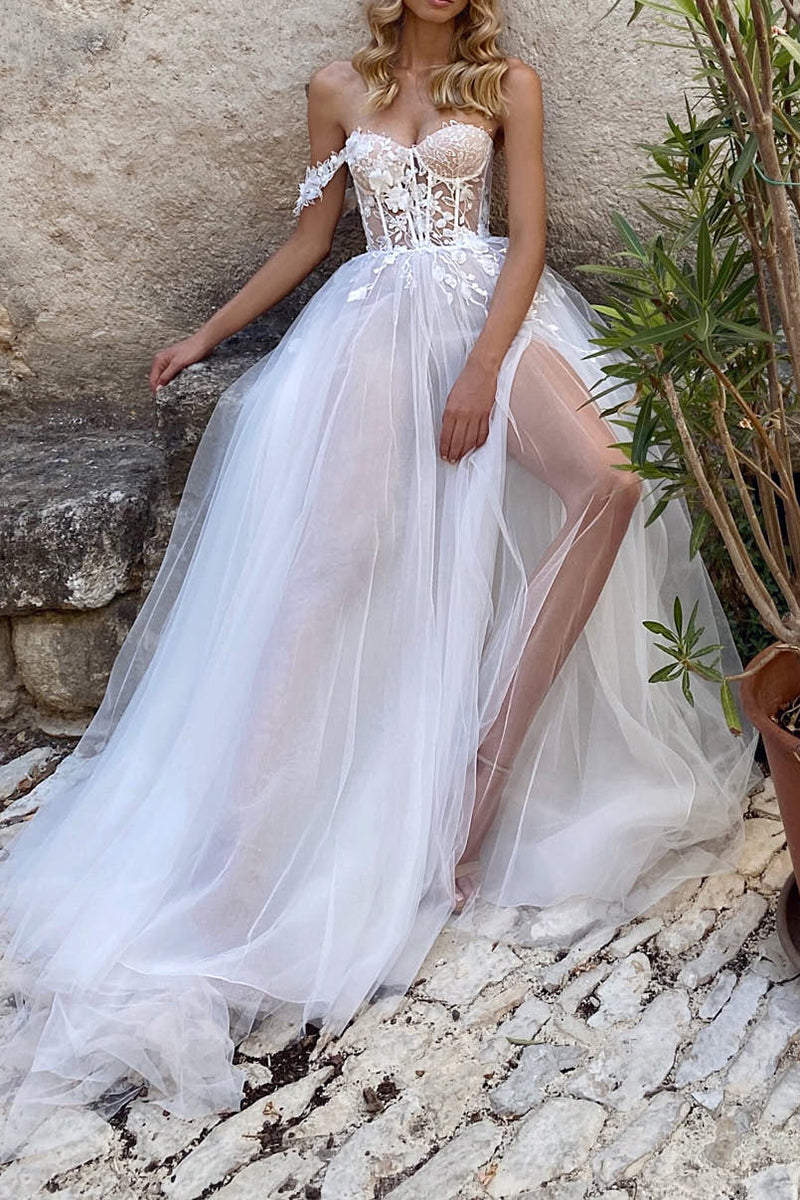 A Line Sweetheart Lace Appliques Boho Wedding Dress with Slit QW2312