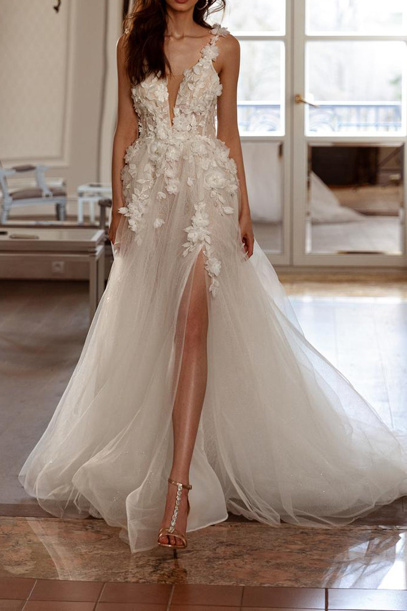 A Line Sexy V Neck 3D Appliques Rustic Wedding Dress with Slit QW2303