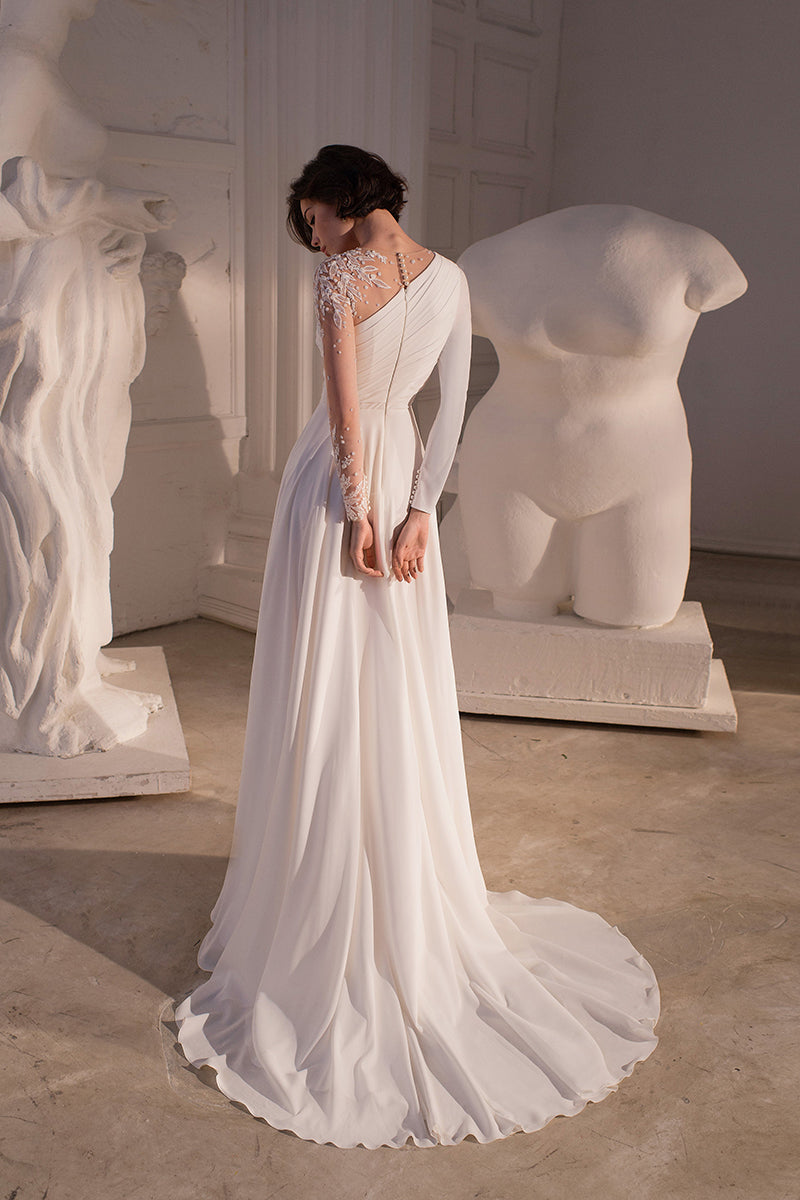 A Line Illusion Neckine Appliques Long Sleeves Boho Wedding Dress QW2676
