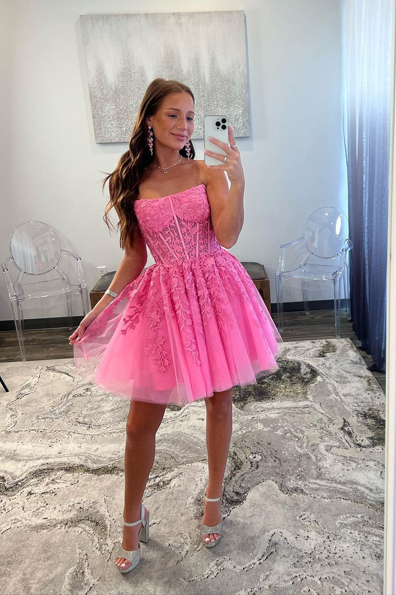 A line Strapless Lace Appliques Pink Short Homecoming Dress 2023 QH2082