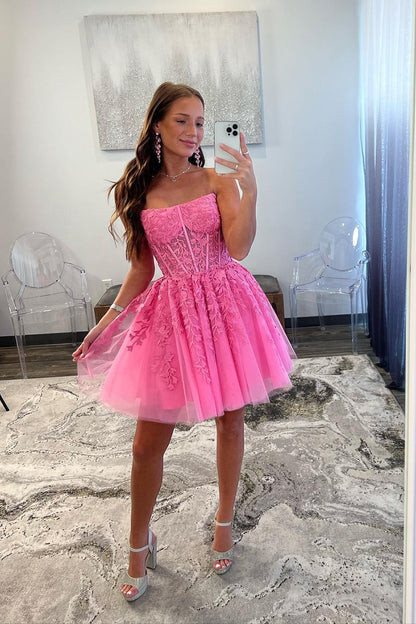 A line Strapless Lace Appliques Pink Short Homecoming Dress 2023 QH2082