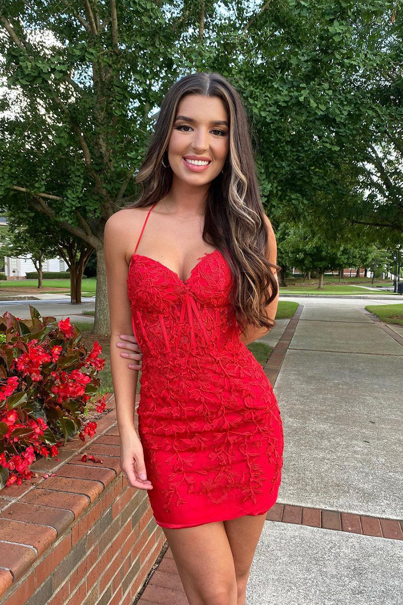 Sheath/Column Sweetheart Lace Appliques Red Cute Homecoming Dress Tight QH2304