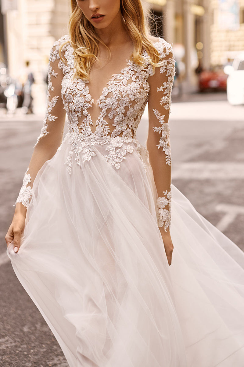 A Line Illusion V Neck Lace Long Sleeves Boho Wedding Dress with Slit QW2393