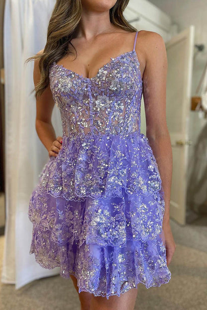 A line Spaghetti Straps Sequins Tiered Short Homecoming Dress QH2454