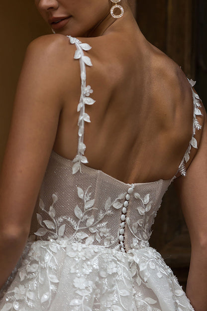 A Line Square Lace Appliques Rustic Wedding Dress with Slit QW2588