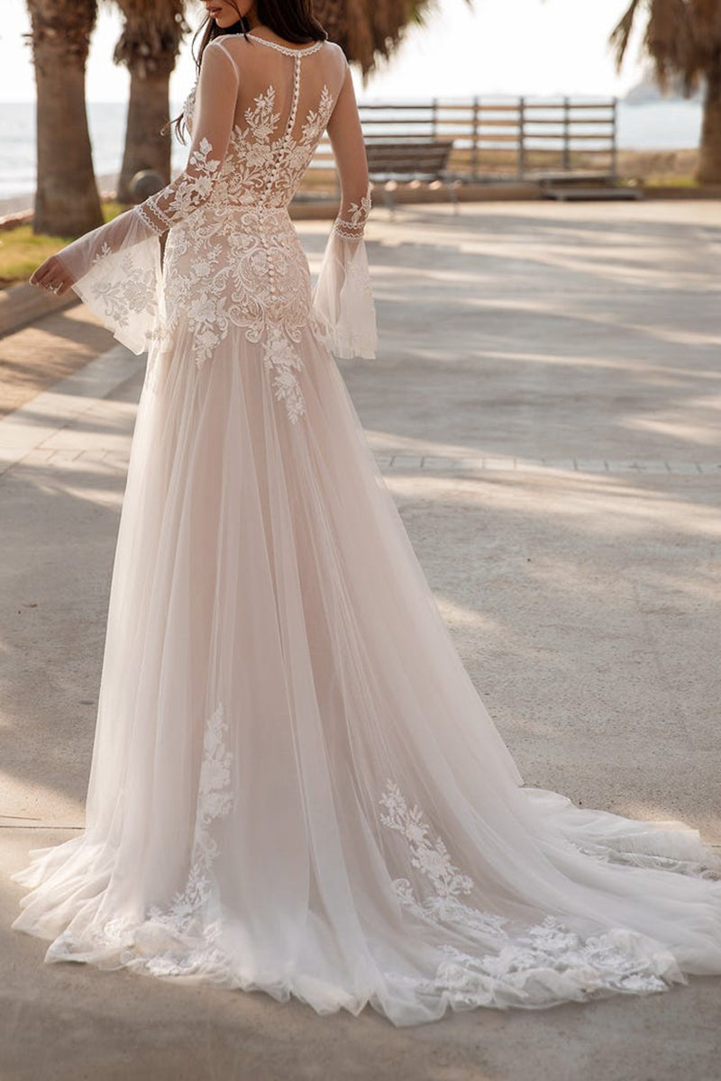 Attractive V Neck Lace Appliques Boho Wedding Dress with Sleeves Bridal Gown QW2604