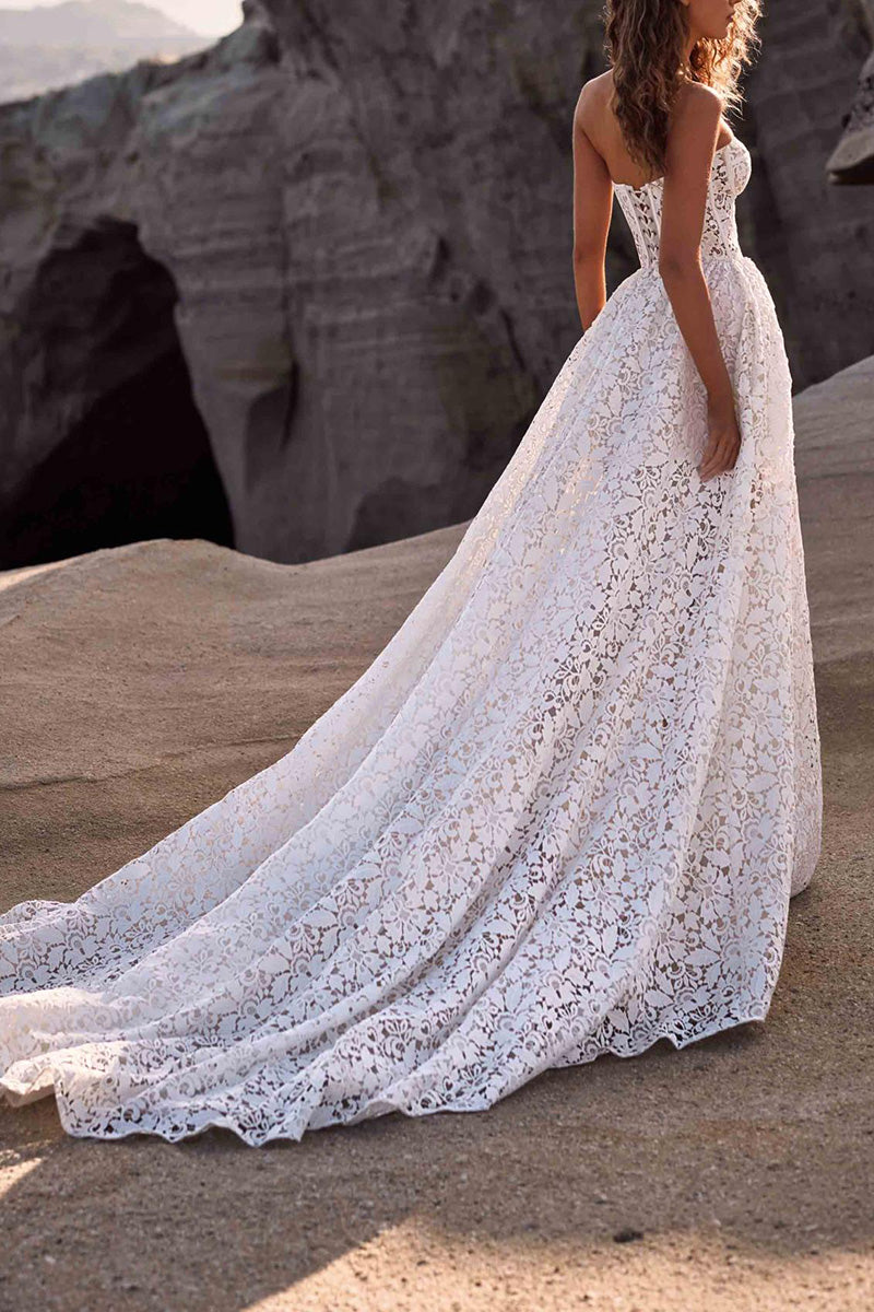 A Line Allover Lace Wedding Dress with Pockets Strapless Boho Bridal Gown QW2663