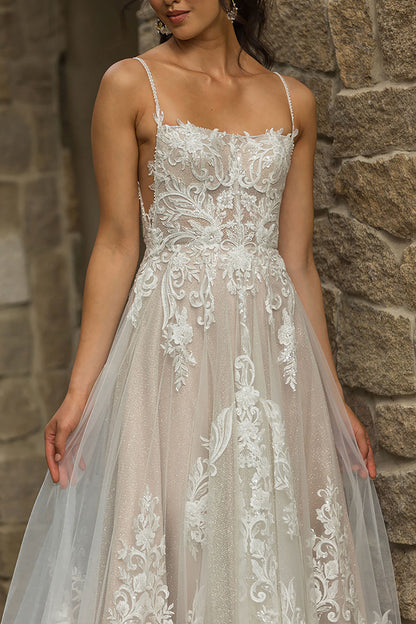 A Line Spaghetti Straps Lace Wedding Dress Boho Wedding Gown QW2580