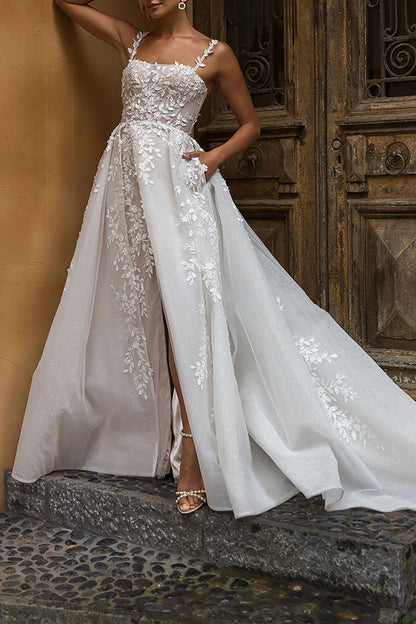 A Line Square Lace Appliques Rustic Wedding Dress with Slit QW2588