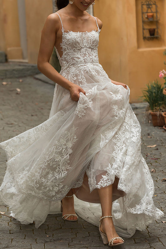 A Line Spaghetti Straps Lace Wedding Dress Boho Wedding Gown QW2580