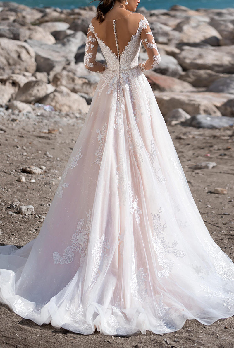 A Line Illusion Neckline Lace Appliqued Long Sleeves Rustic Wedding Dress QW2268