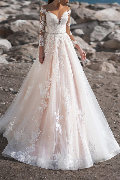 A Line Illusion Neckline Lace Appliqued Long Sleeves Rustic Wedding Dress QW2268