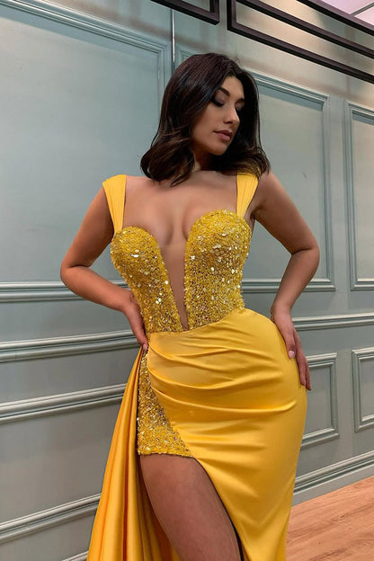 Sexy Deep V Neck Yellow Mermaid Prom Formal Dress with Slit QP2420