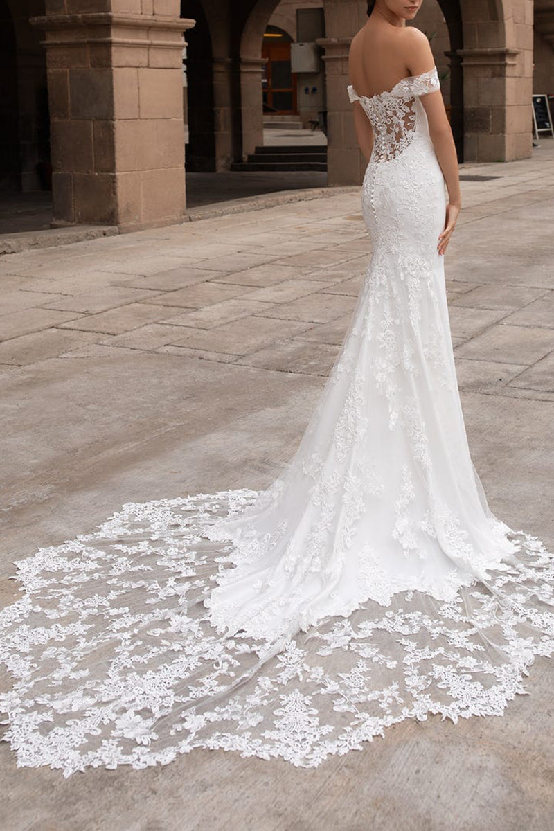Mermaid Wedding Dress Off the Shoulder Lace Boho Wedding Gown with Court Train QW2280