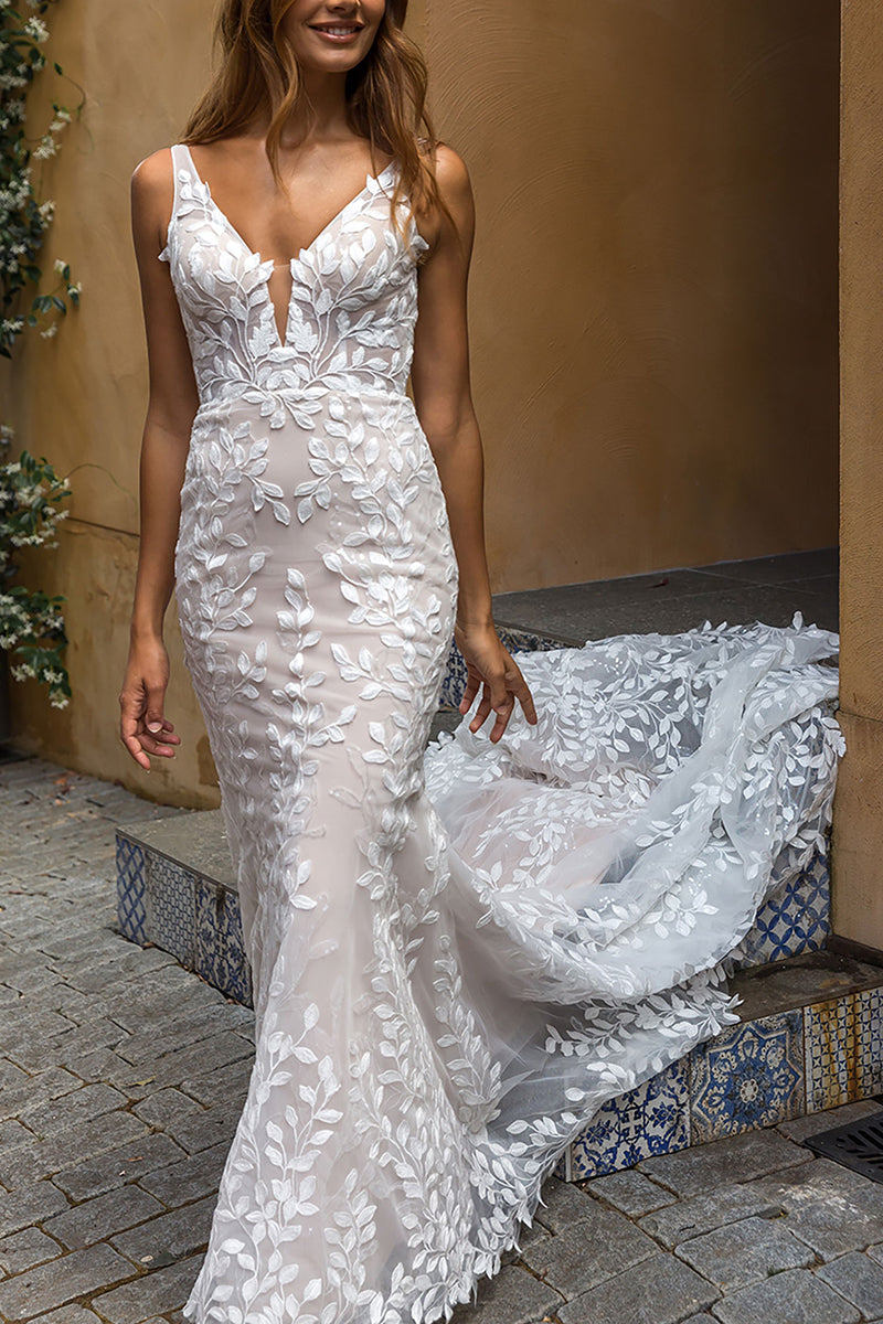 Sexy V-Neck Allover Romantic Lace Mermaid Wedding Dress Bridal Gown QW2593