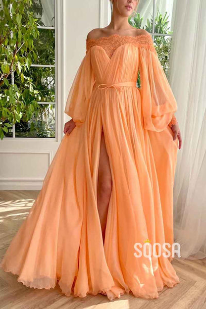 A Line Off Shoulder Long Sleeves Elegant Prom Party Dress with Slit QP2358