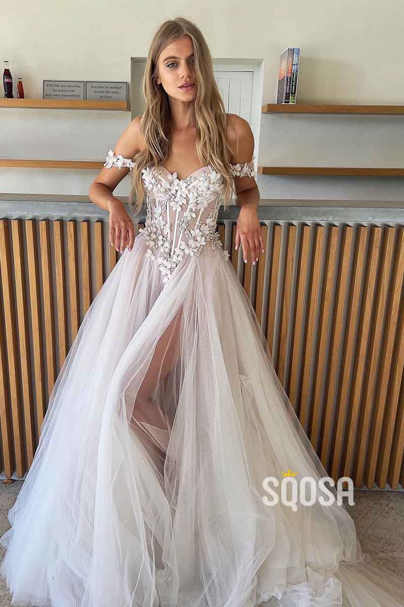 A Line Off Shoulder Lace Appliques Boho Wedding Dress with Slit QW2514