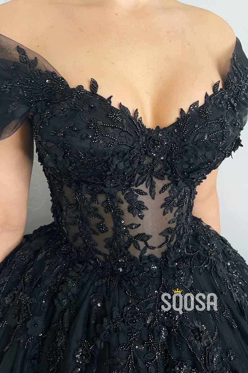 Off Shoulder Lace Appliques Black Long Prom Ball Gown QP2390