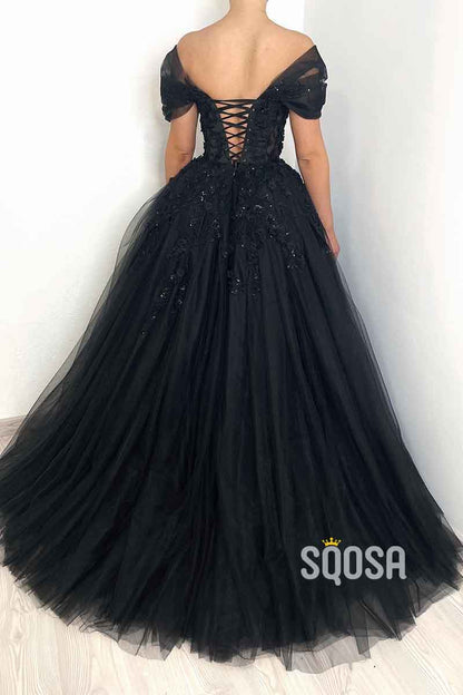 Off Shoulder Lace Appliques Black Long Prom Ball Gown QP2390
