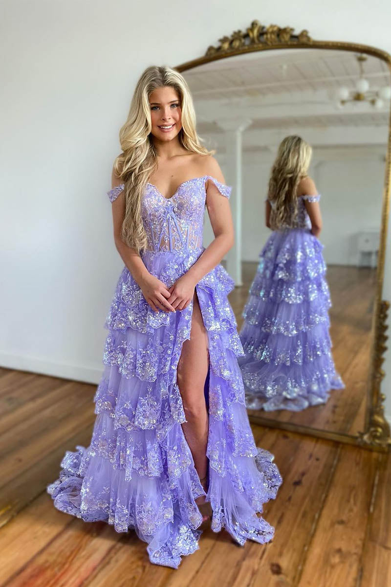 A line Off Shoulder Lace Tiered Prom Dress with Slit Long Homecoming Dress QP2287
