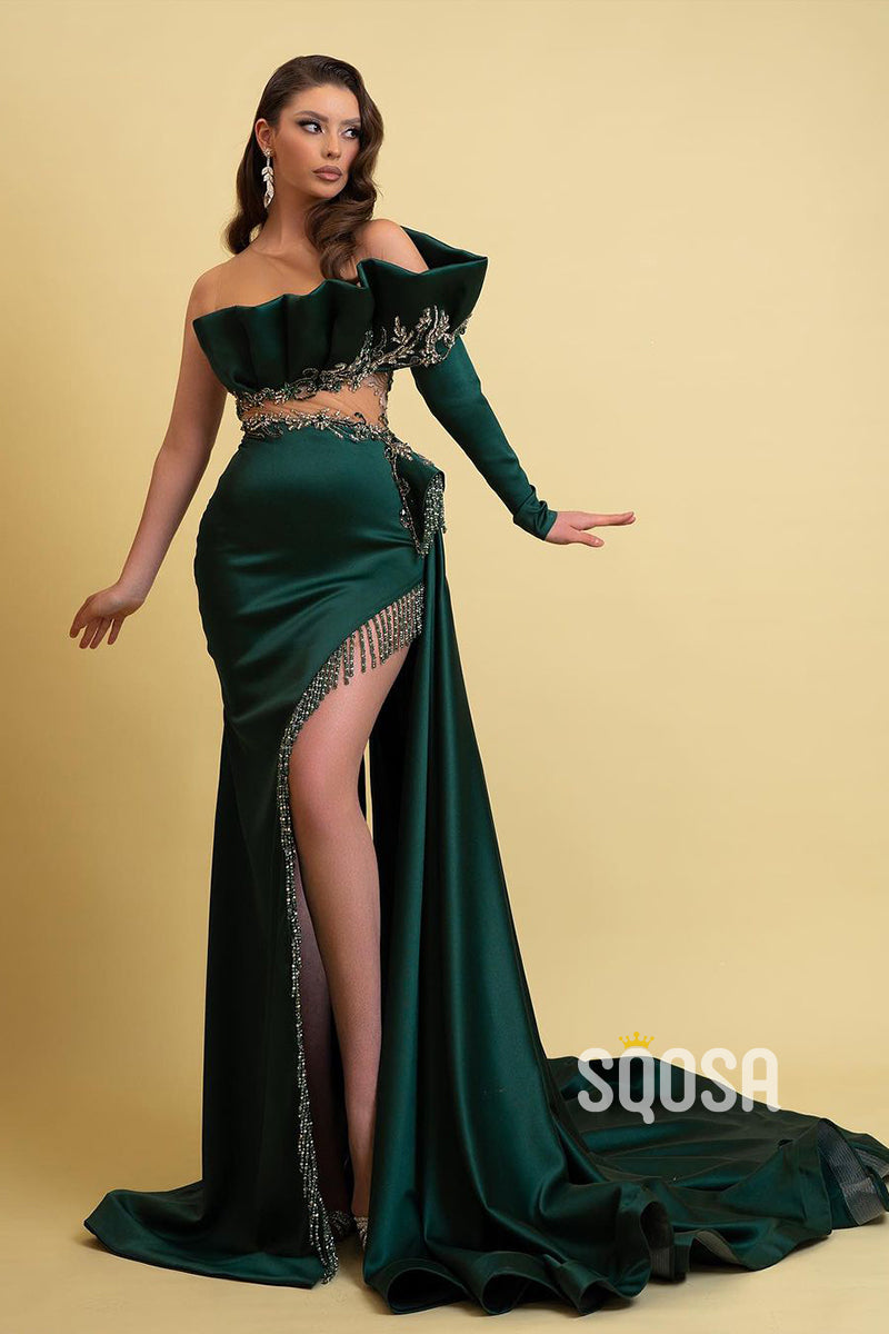 Illusion Neckline Satin Beads Long Sleeves Mermaid Formal Evening Gowns with Slit QP1207