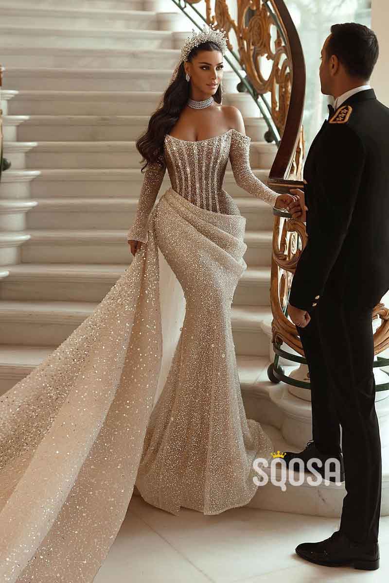 Unique Strapless Long Sleeves Elegant Mermaid Wedding Dress QW2520