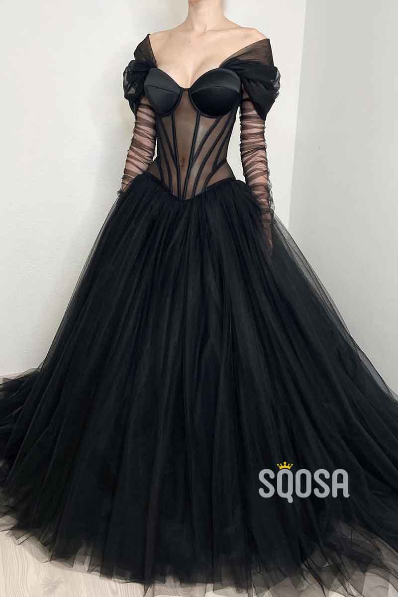 A line Illusion Black Tulle Long Formal Evening Gowns QP2344