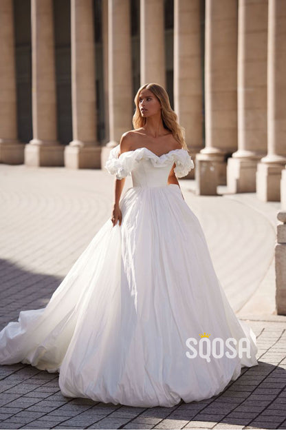 A Line Off Shoulder Flowers Elegant Wedding Dress with Court Train QW2236