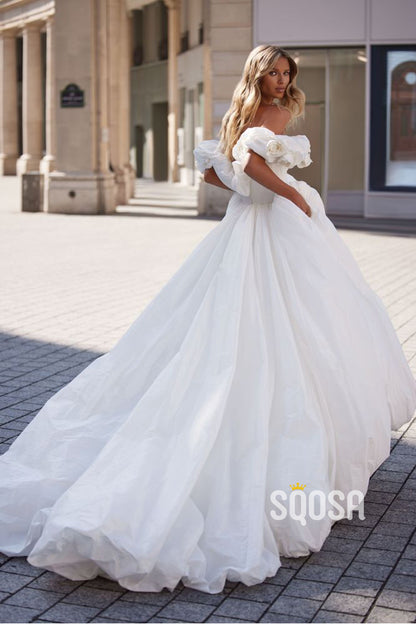A Line Off Shoulder Flowers Elegant Wedding Dress with Court Train QW2236