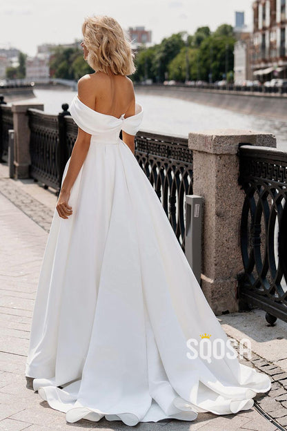 A Line Off Shoulder Elegant Satin Wedding Dress QW2412
