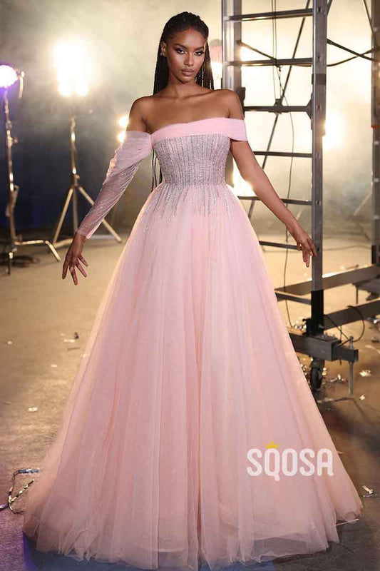 A Line Off Shoulder Tulle Beads Long Sleeves Pink Prom Party Dress QP2203