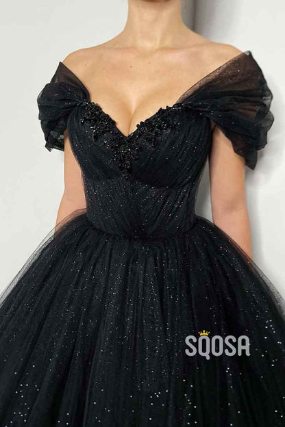A Line Off Shoulder Beads Black Sparkly Formal Evening Gowns QP2349