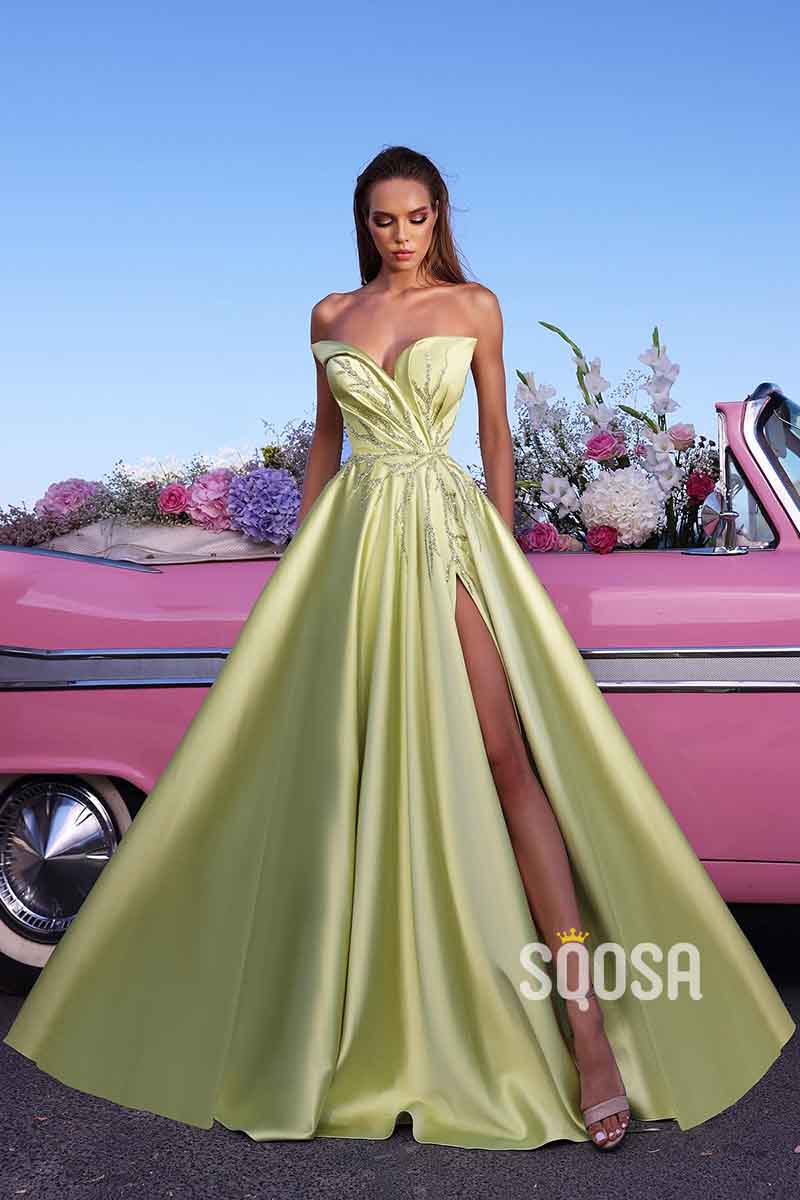 A line Sweetheart Appliques Yellow Elegant Formal Party Dress with Slit QP2227