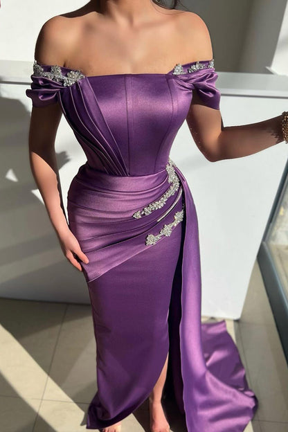Chic Off Shoulder Satin Beads Mermaid Formal Evening Gowns with Slit QP2462