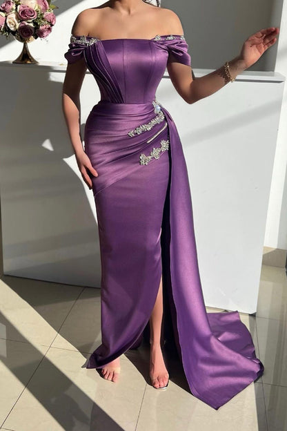Chic Off Shoulder Satin Beads Mermaid Formal Evening Gowns with Slit QP2462