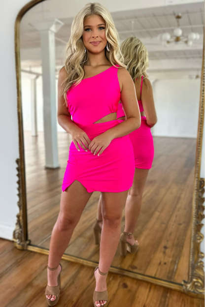 Sheath/Column One Shoulder Hot Pink Short Homecoming Dress QH0848