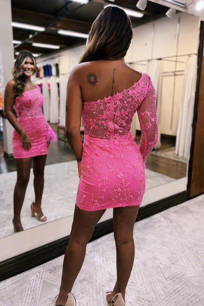 Unique One Shoulder Lace Appliques Long Sleeves Pink Cute Homecoming Dress QH2530