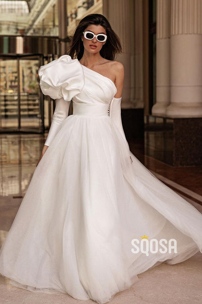 A Line One Shoulder Long Sleeves Satin Elegant Wedding Dress QW2404