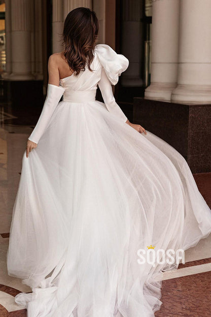 A Line One Shoulder Long Sleeves Satin Elegant Wedding Dress QW2404
