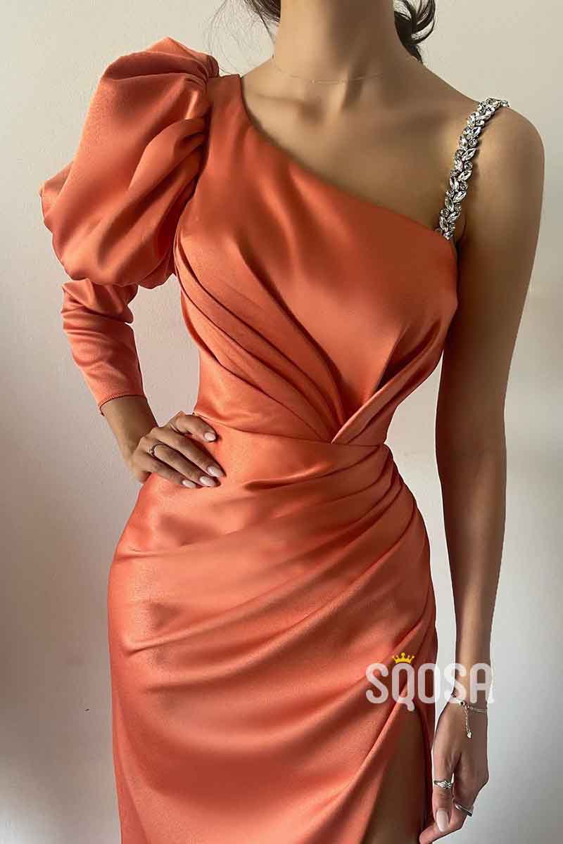 Sheath One Shoulder Long Sleeves Beads Long Formal Party Dress with Slit QP1331
