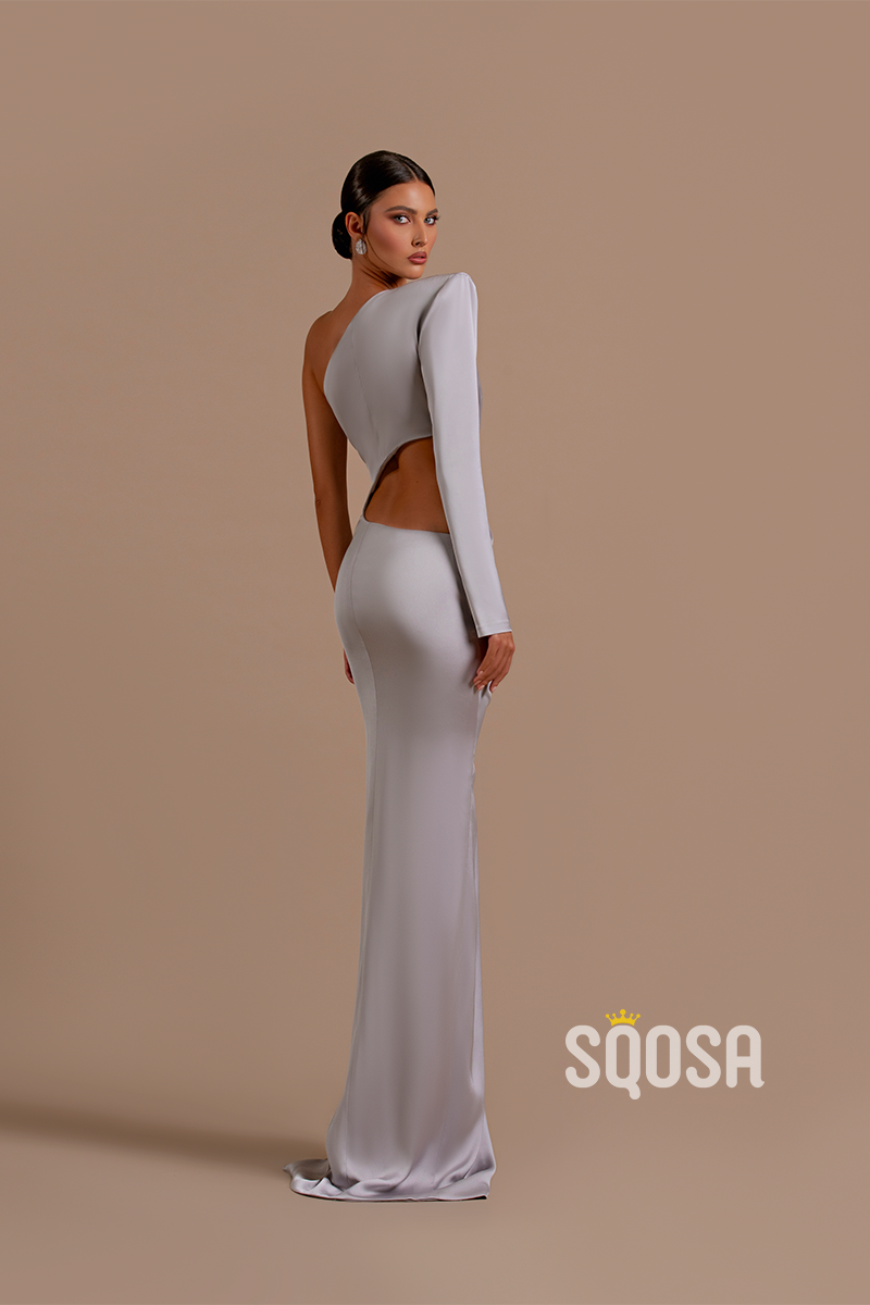 Sheath/Column One Shoulder Pleats Sexy Long Formal Party Dress with Slit QP2537