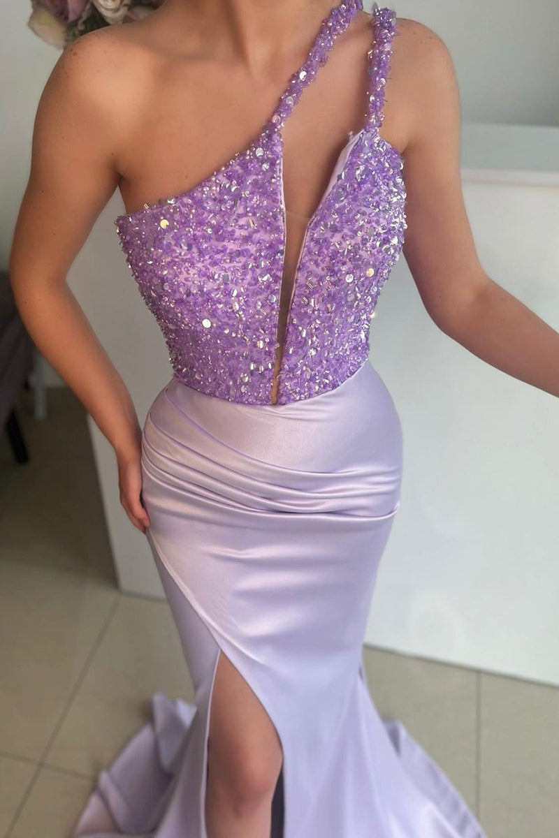 Chic One Shoulder Sexy High Split Mermaid Formal Evening Gowns QP0926