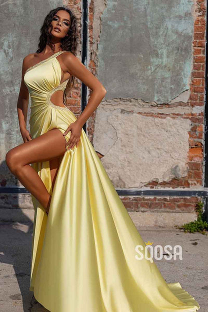 One Shoulder Satin Beads Mermaid Long Prom Party Dress with Slit QP2270
