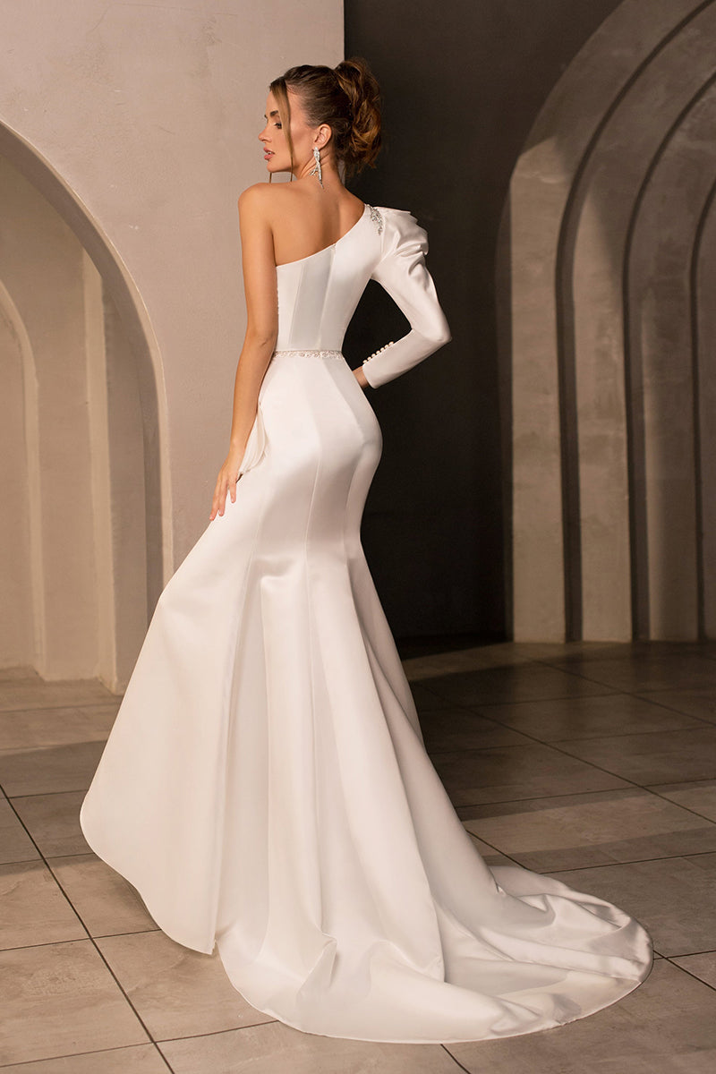 Unique One Shoulder Long Sleeves Satin Mermaid Wedding Dress QW2688