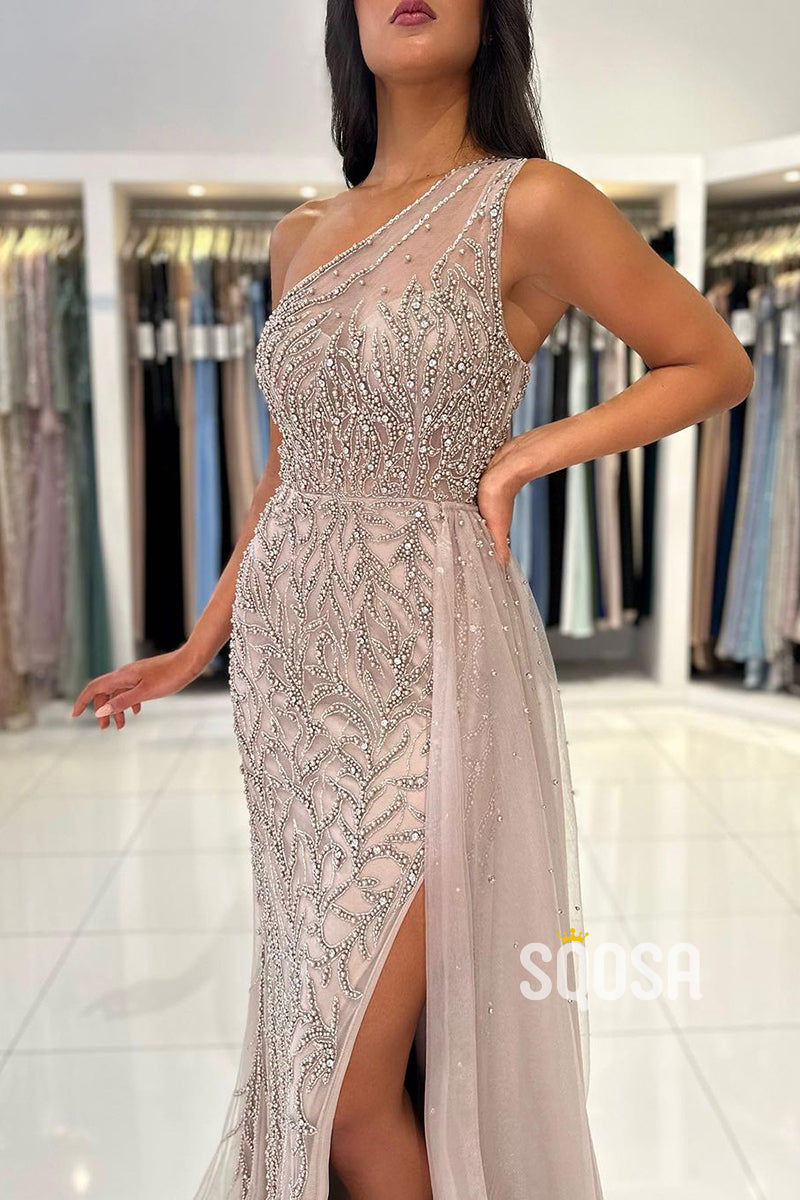 One Shoulder Bead Lace Sheath Long Formal Evening Dress with Slit QP1299
