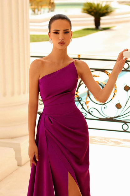 Chic One Shoulder Satin Pleats Long Mermaid Prom Formal Dress with Slit QP1160