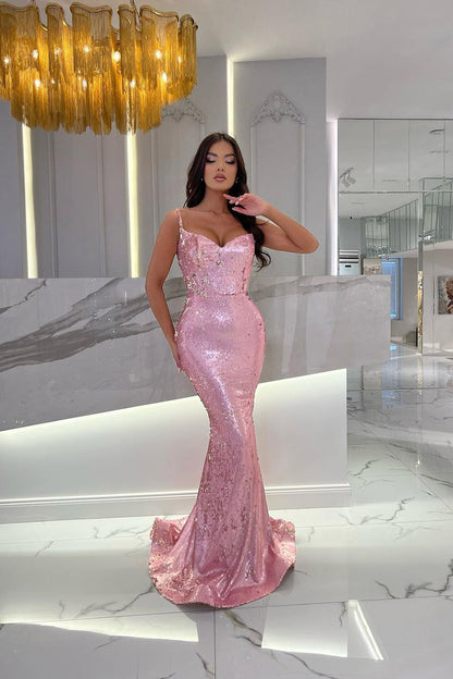 Mermaid/Trumpet Pink Formal Evening Dress Spaghetti Straps Long Prom Dress QP2436