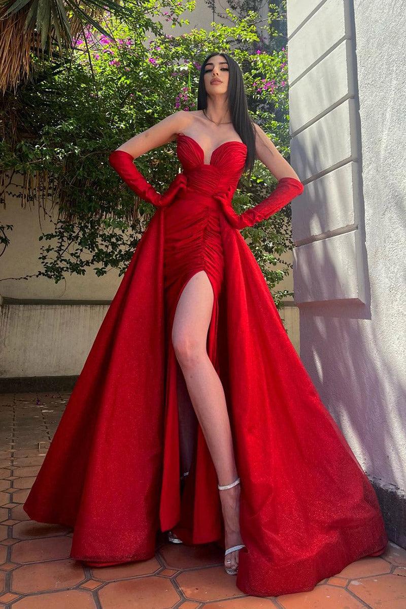 Sexy V Neck Pleats Sexy High Split Red Long Formal Evening Gowns