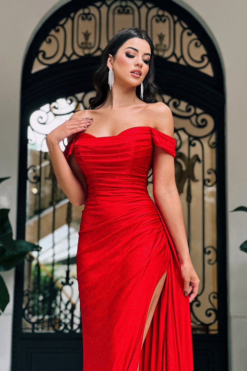 Sheath/Column Off Shoulder Pleats Red Long Formal Evening Dress with Slit QP2499