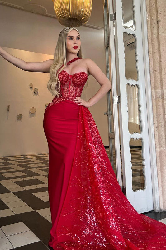 Unique One Shoulder Sweetheart Red Mermaid Formal Evening Dress QP2419
